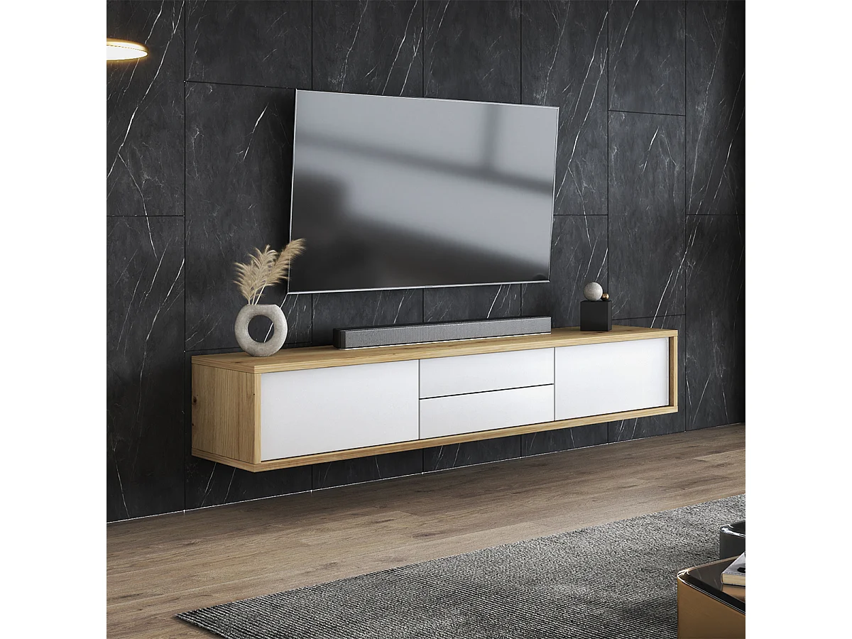 Móvel TV 2 portas 2 gavetas Idra branco e madeira 180cm