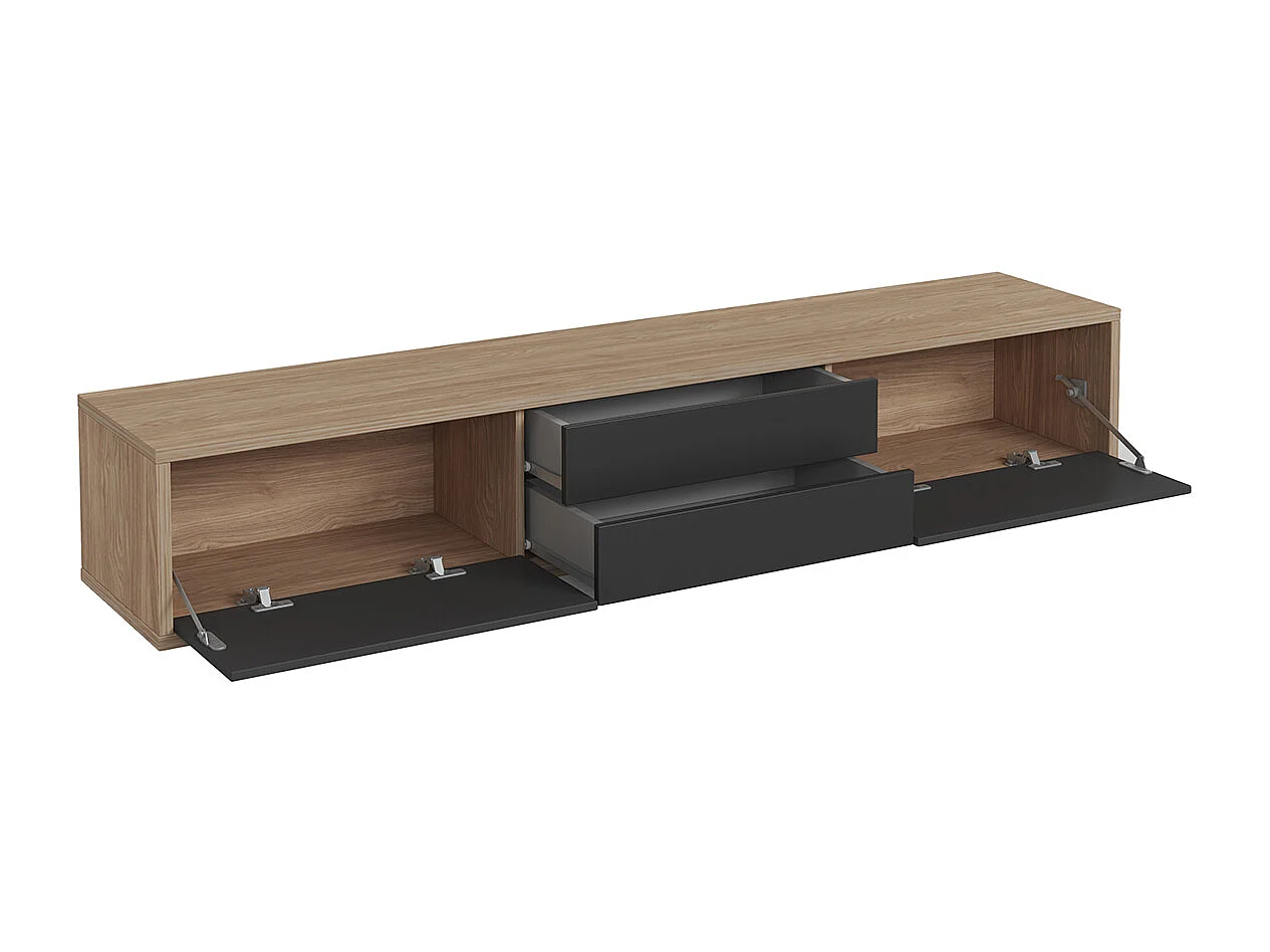 Meuble TV mural 2 portes 2 tiroirs 180 cm Idra Bois et Gris