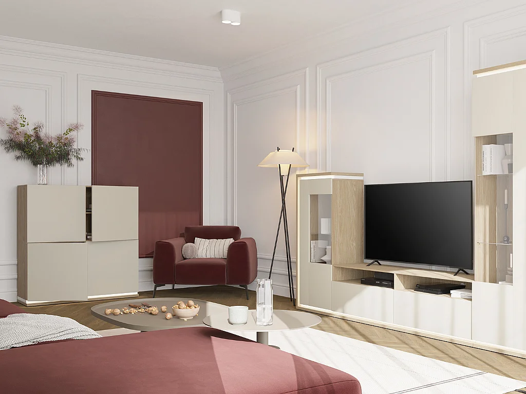 Móvel TV 2 gavetas Iria caxemira e madeira 160,1cm