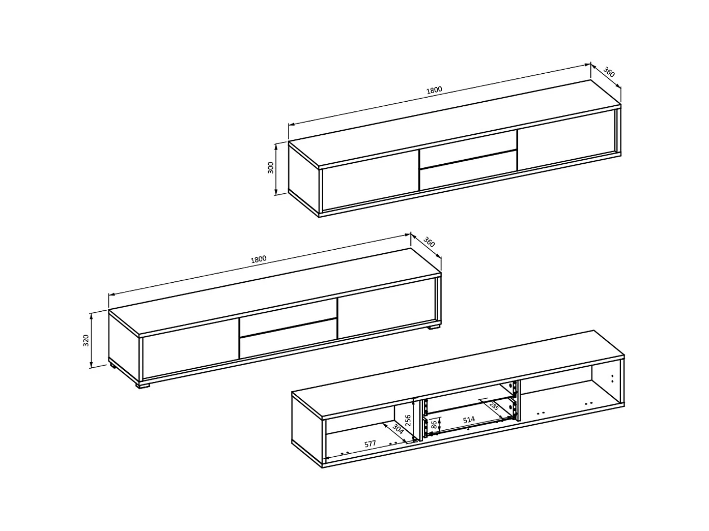 Meuble TV mural 2 portes 2 tiroirs 180 cm Idra Gris et Bois