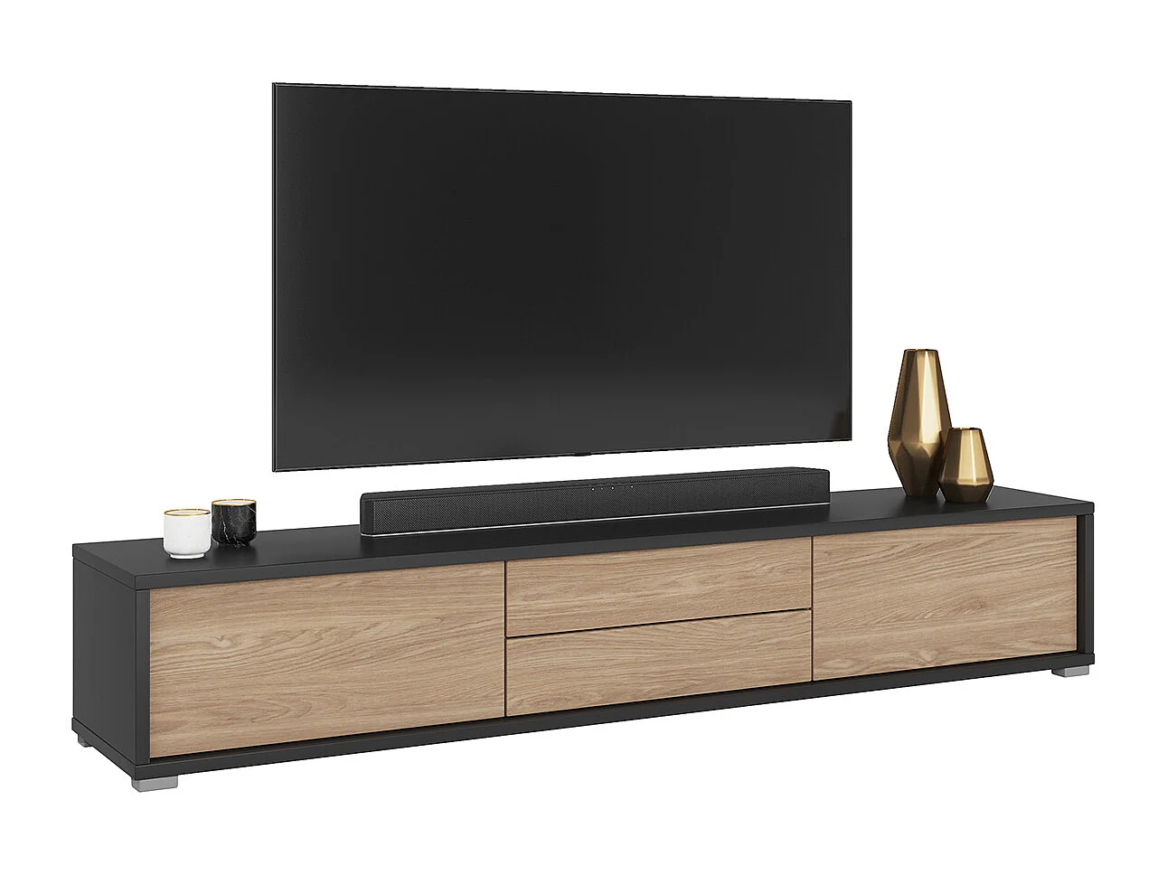 Meuble TV mural 2 portes 2 tiroirs 180 cm Idra Gris et Bois