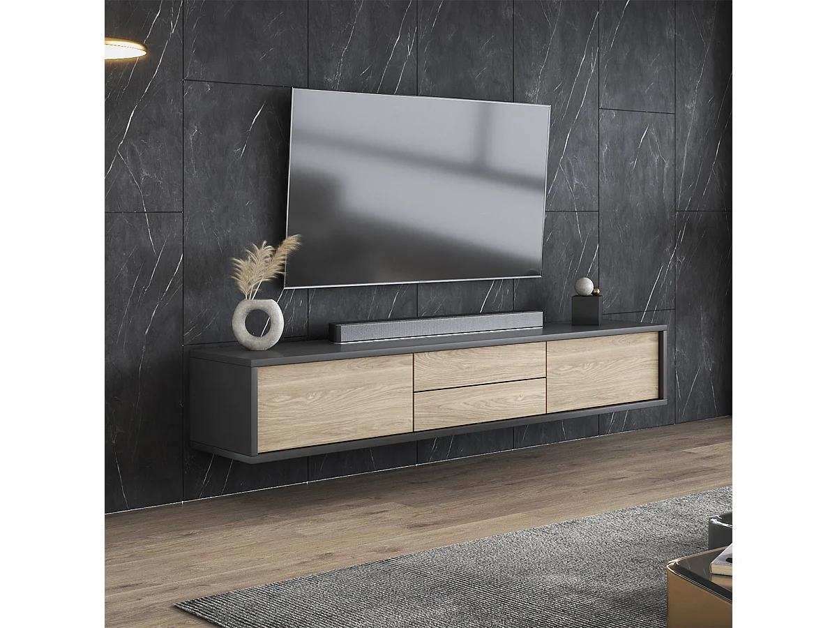 Meuble TV mural 2 portes 2 tiroirs 180 cm Idra Gris et Bois