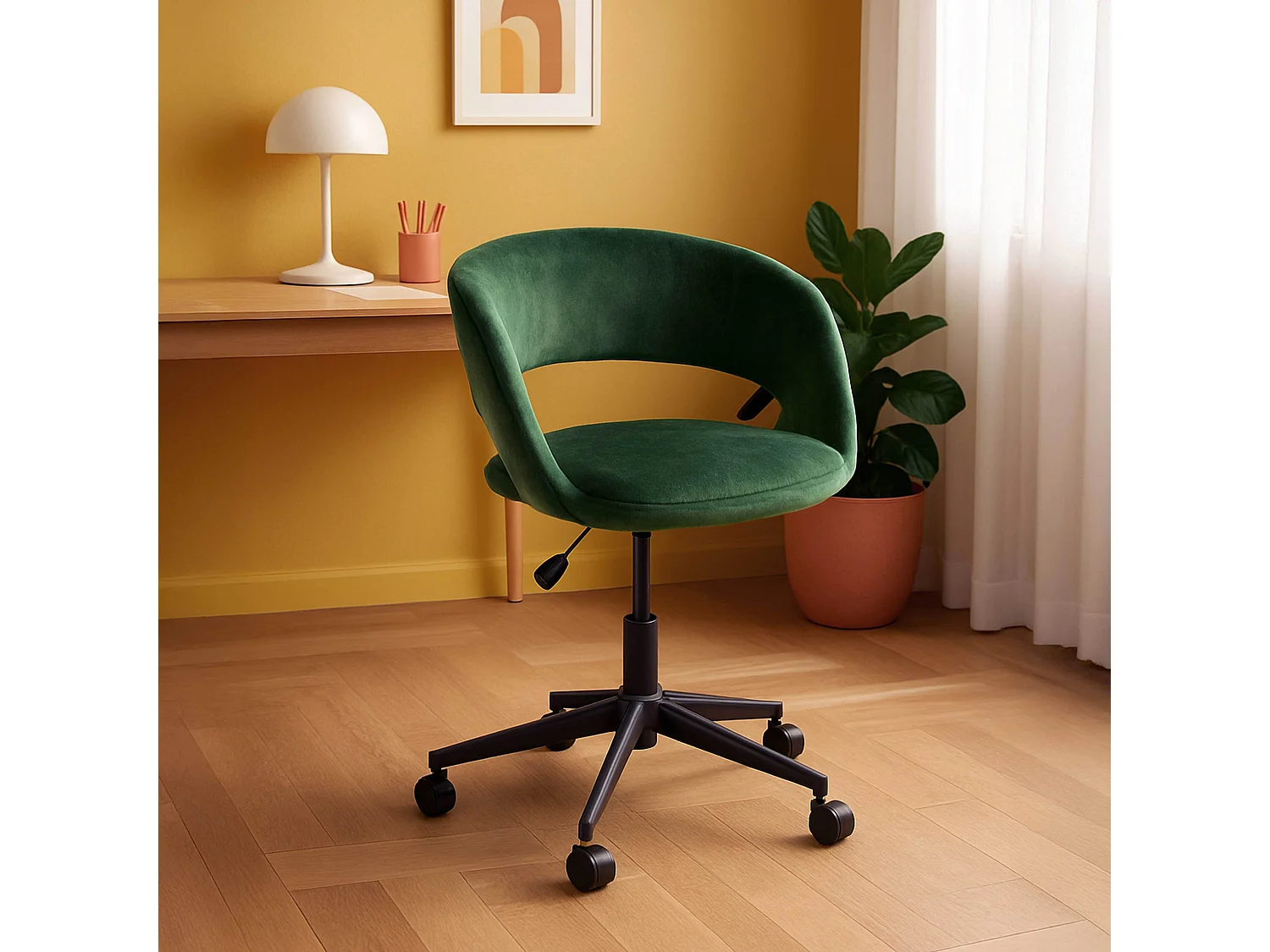Chaise de bureau à roulettes en velours vert