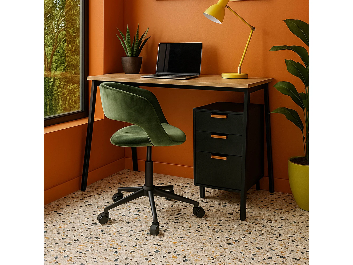 Chaise de bureau à roulettes en velours vert