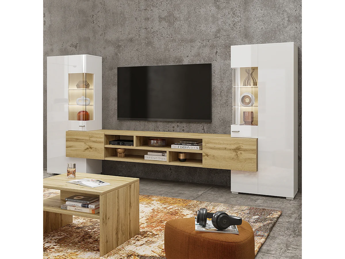 Conjunto de muebles TV y 2 armarios Akram Blanco y Madera