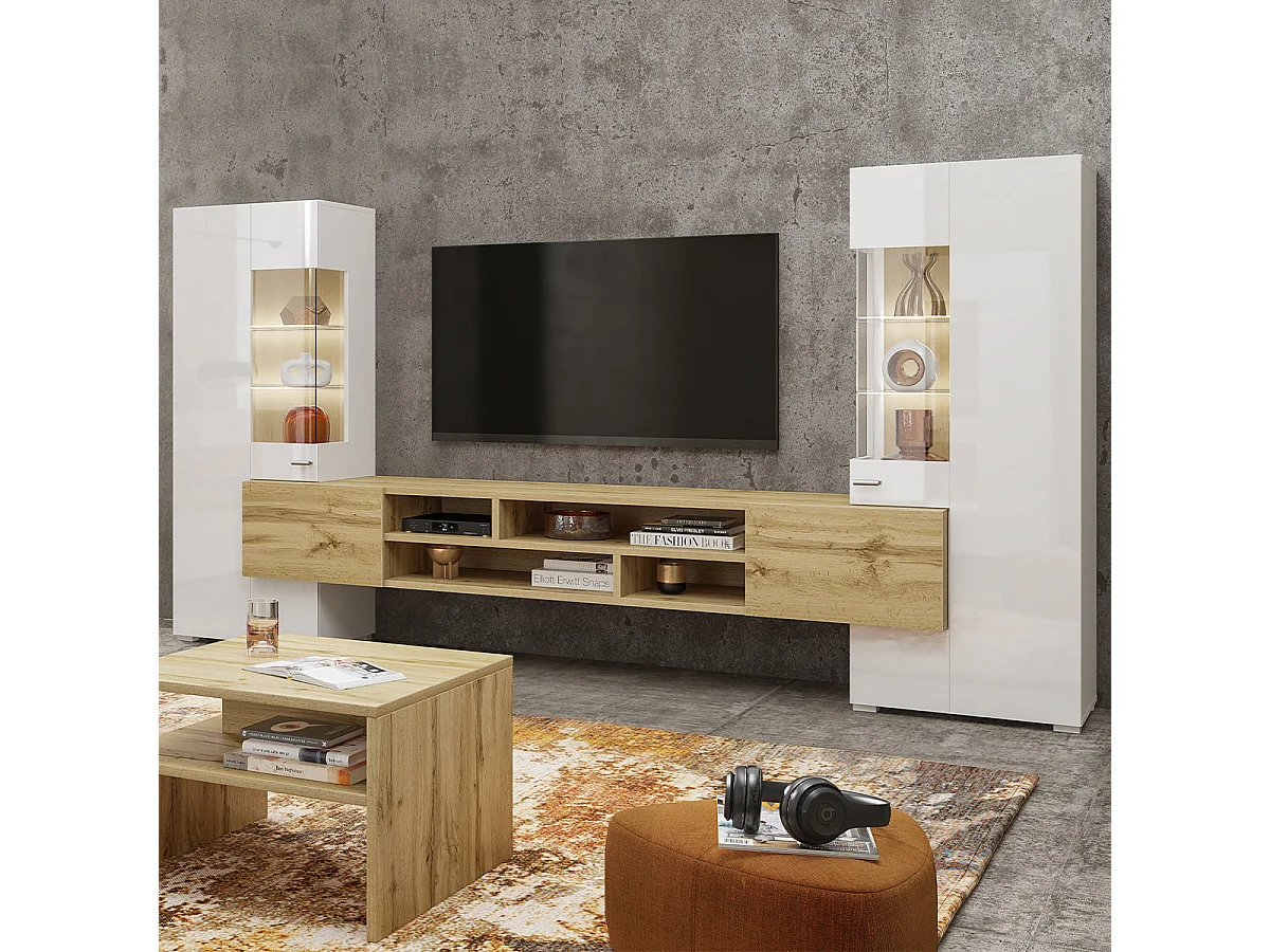 Akram White and Wood TV furniture set with 2 cabinets