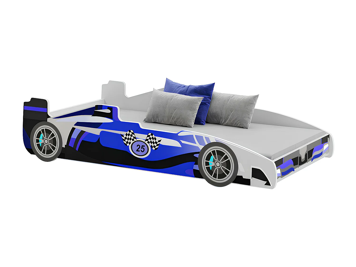 Lit enfant voiture formula 1 bleu et noir avec matelas et sommier inclus