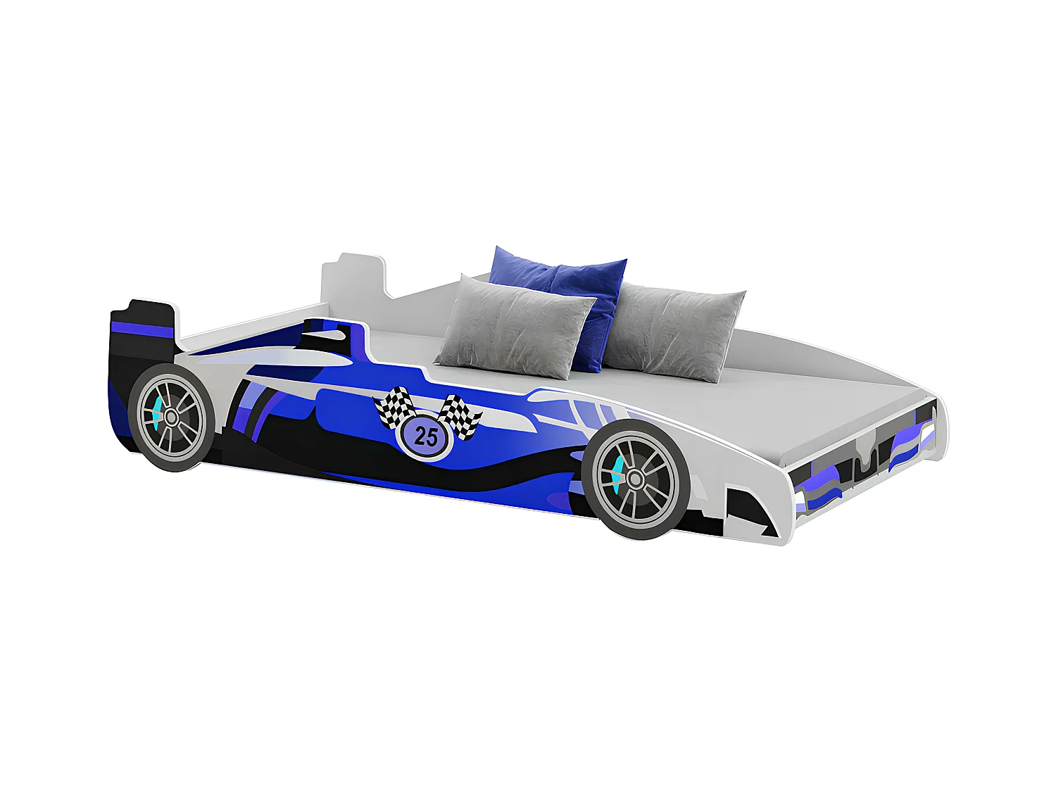 Lit enfant voiture formula 1 bleu et noir avec matelas et sommier inclus