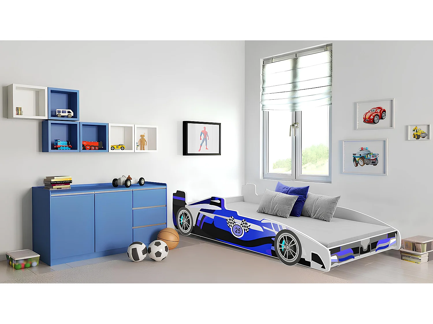 Lit enfant voiture formula 1 bleu et noir avec matelas et sommier inclus