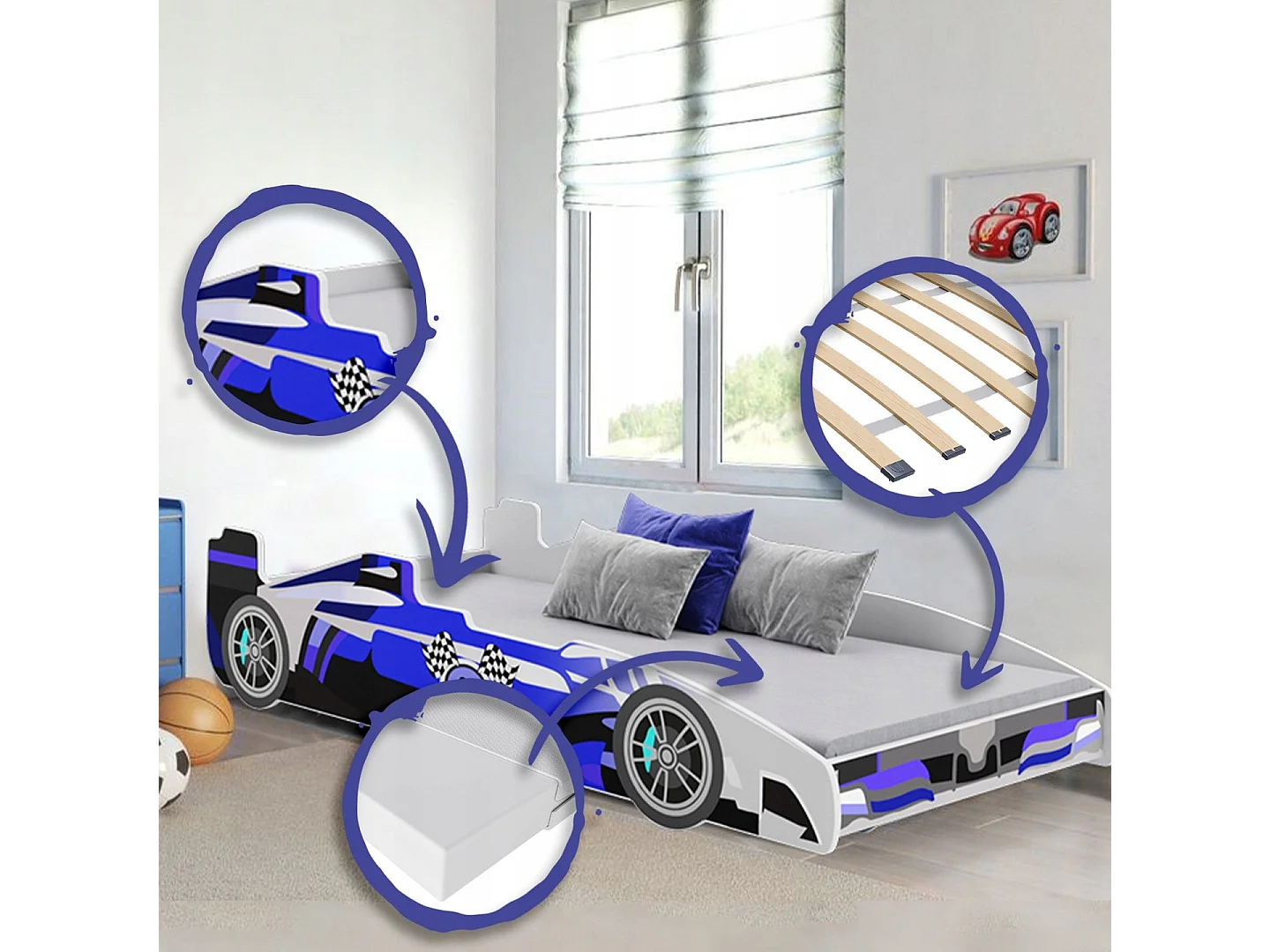 Lit enfant voiture formula 1 bleu et noir avec matelas et sommier inclus