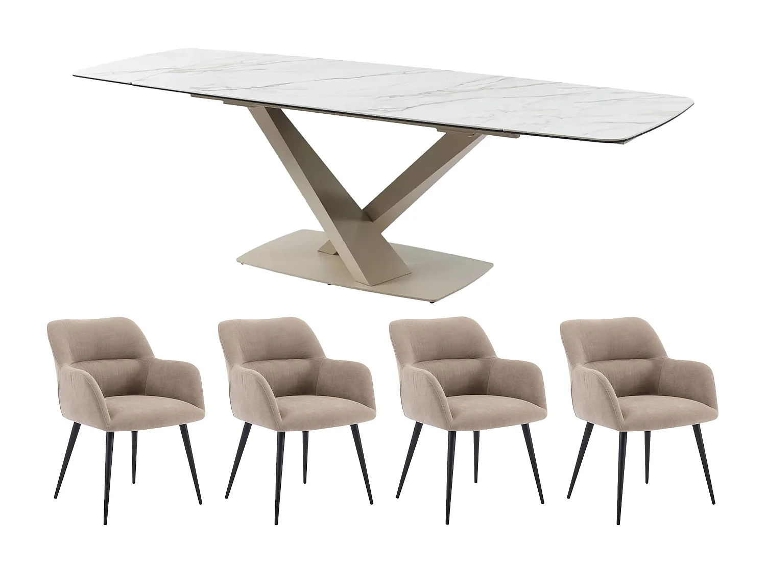 Matbord MALATA + 4 stolar HEKA - Vit och beige marmoreffekt