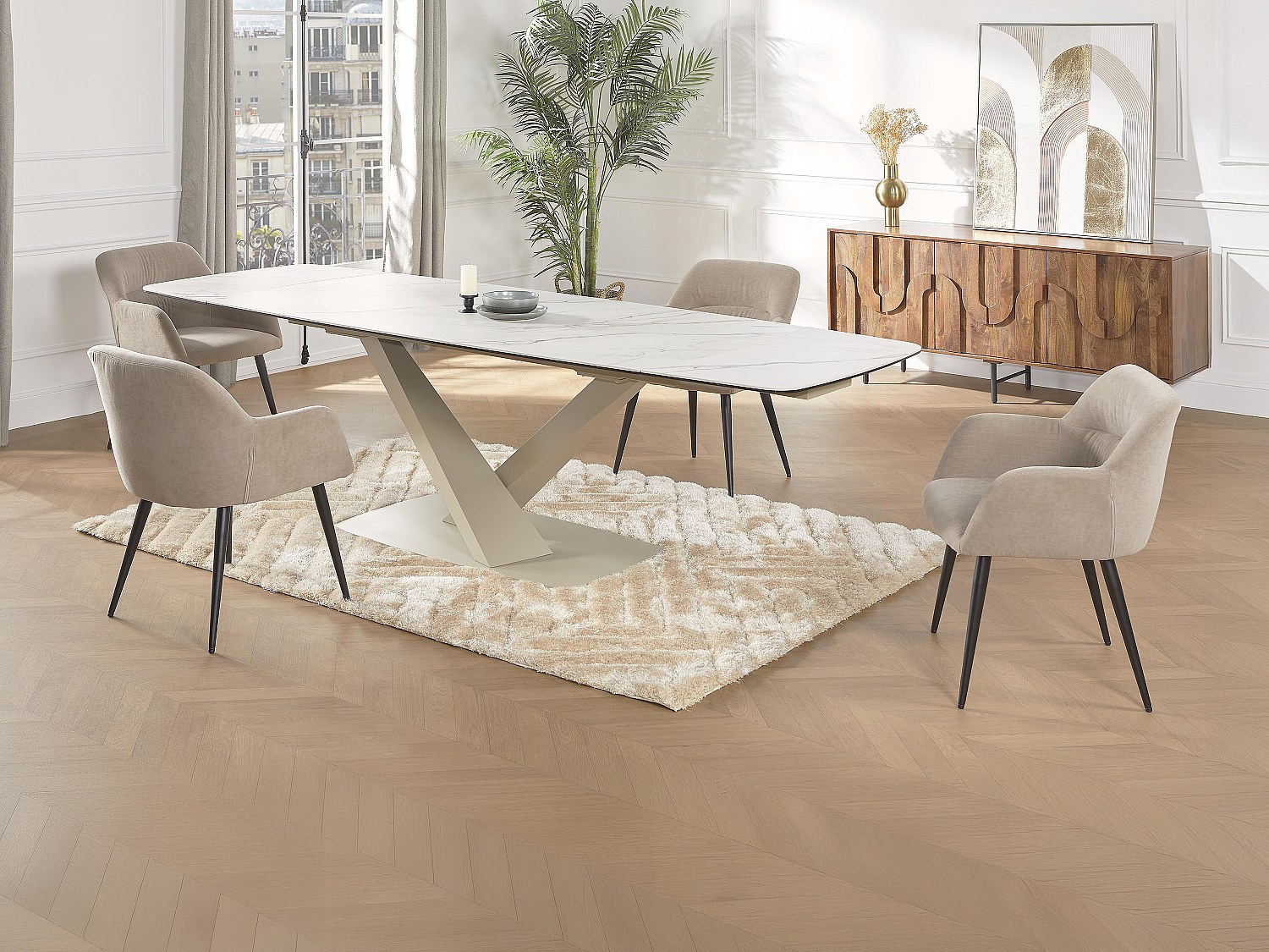Vente-unique Set Tisch Malata + 4 Stühle Heka - Marmor-Optik - Weiß & Beige
