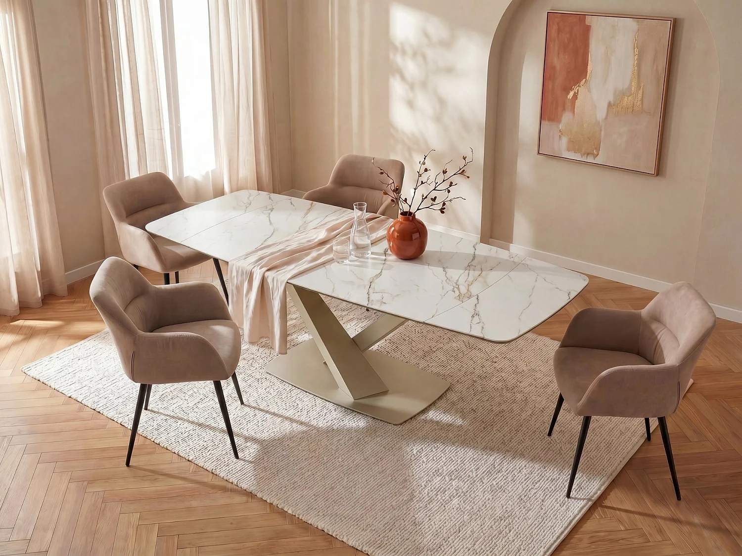 Ensemble table MALATA + 4 chaises HEKA - Effet marbre blanc et beige