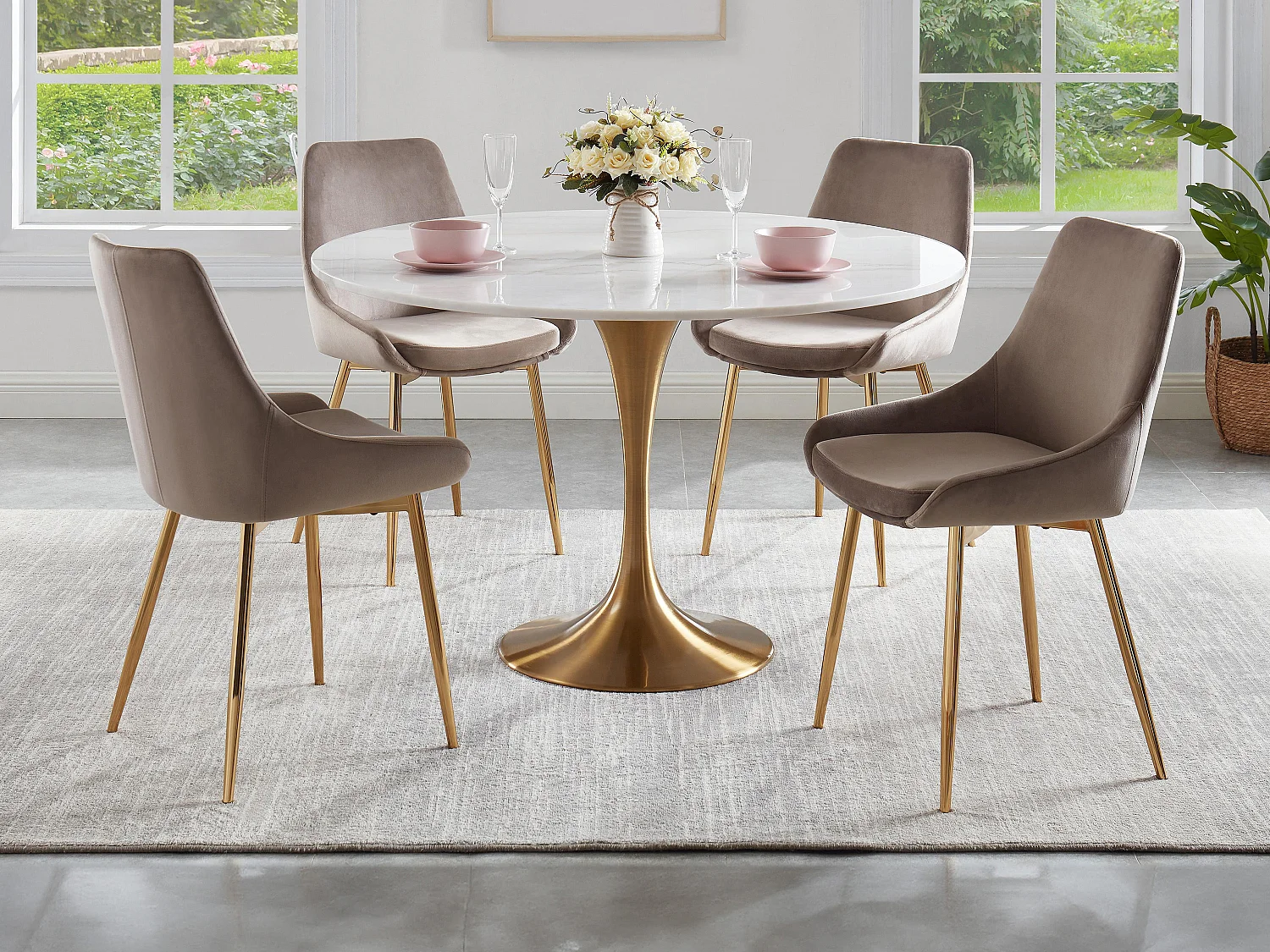 Ensemble table NORAH + 4 chaises MASURIE - Blanc et taupe
