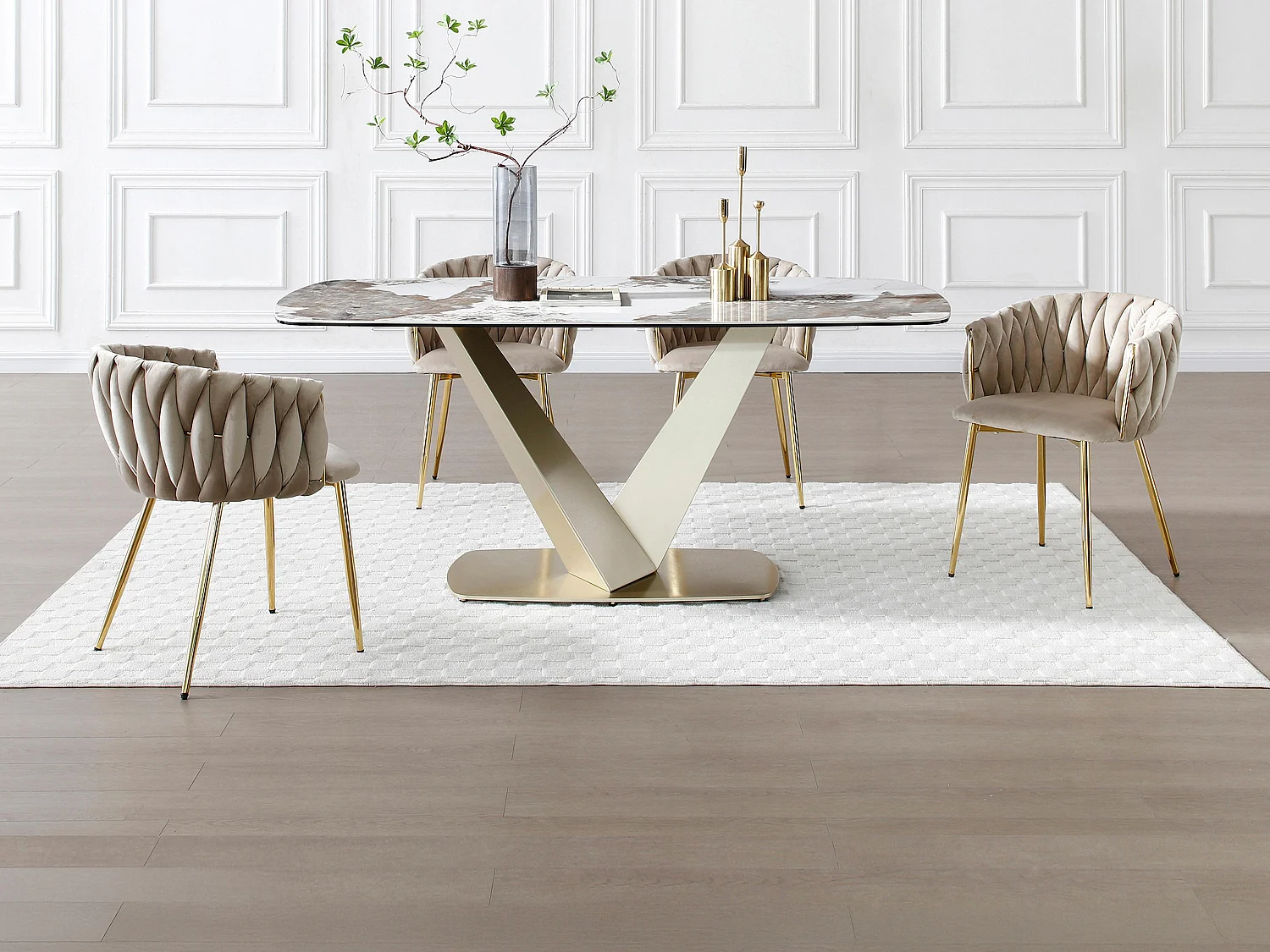 Ensemble table PORELIMA + 4 chaises ELEGANO - Effet marbre blanc et beige