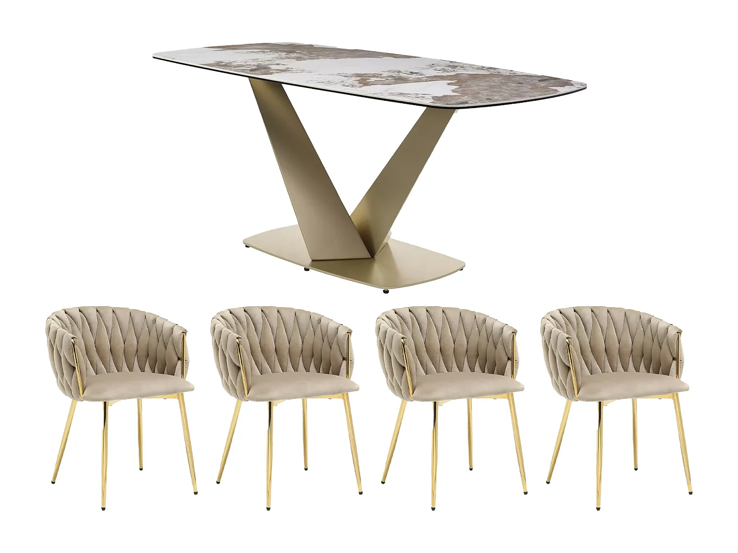 Conjunto de mesa PORELIMA + 4 sillas ELEGANO - Efecto mármol blanco y beige