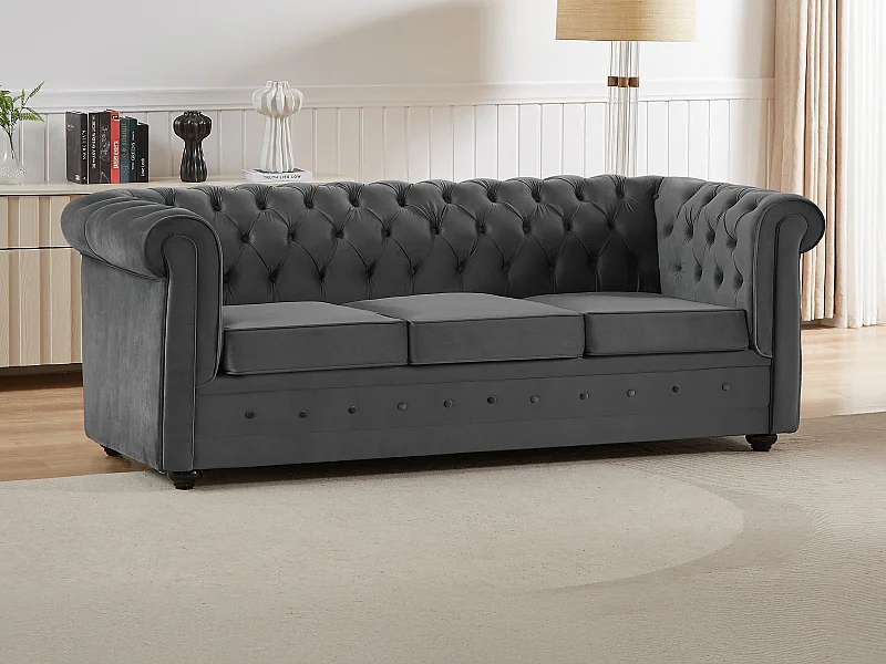 Sofa mit Schlaffunktion 3-Sitzer - Samt -  Anthrazitgrau - CHESTERFIELD