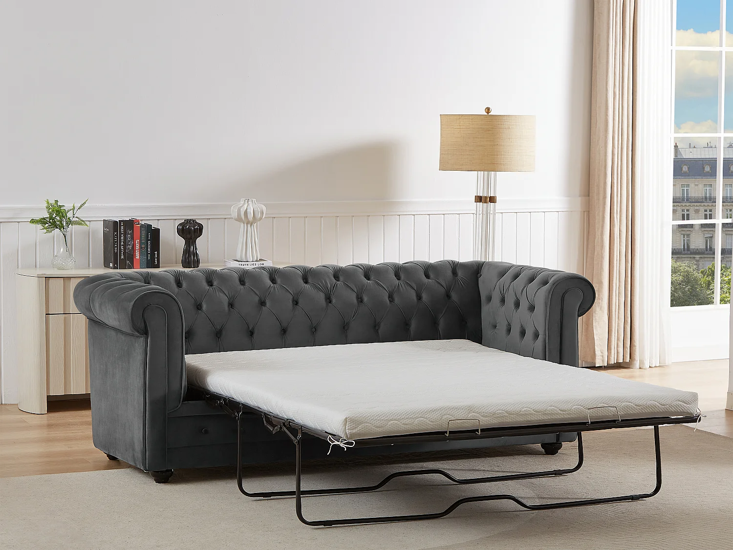 Canapé 3 places convertible en velours gris anthracite CHESTERFIELD
