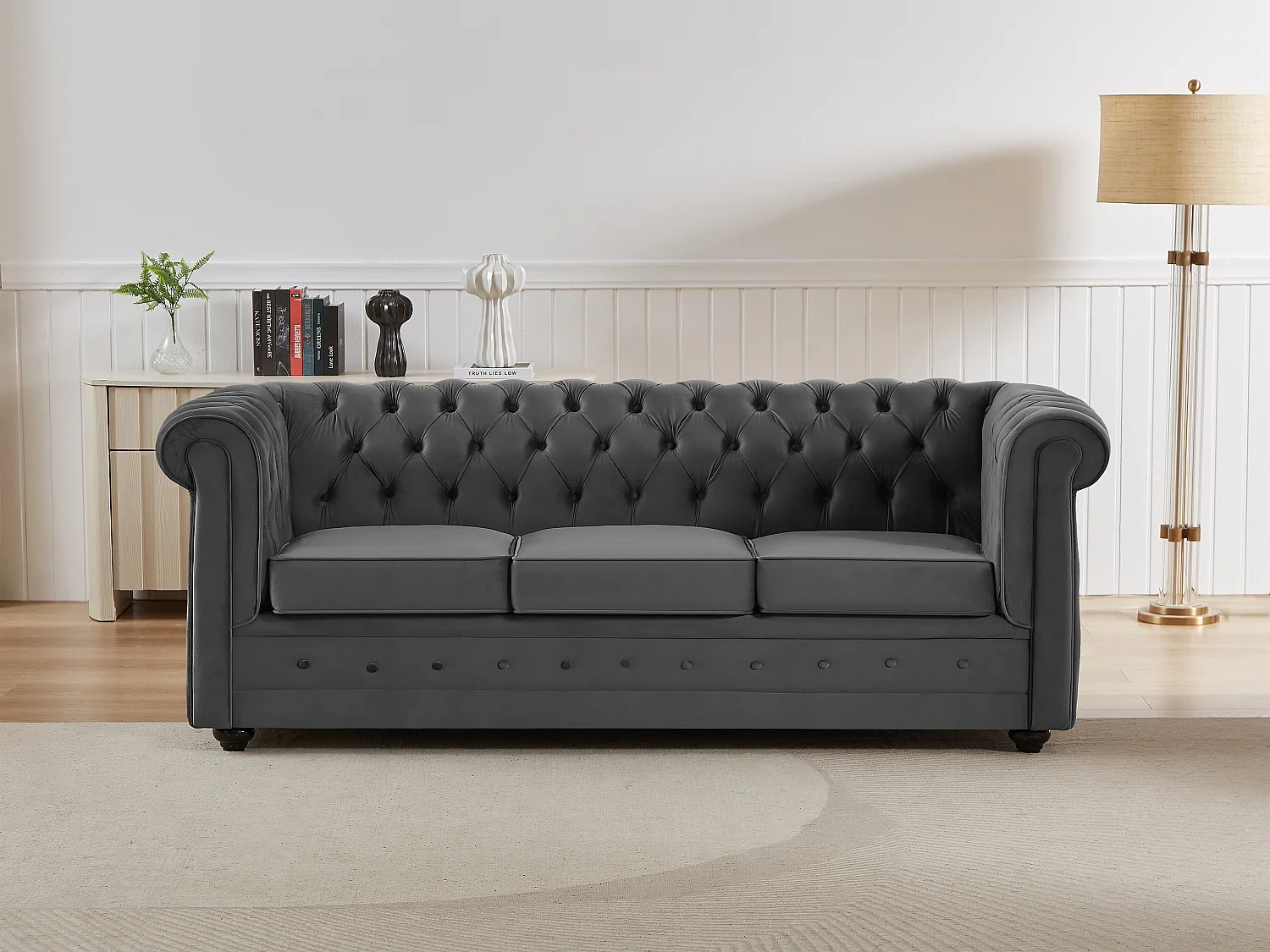 Canapé 3 places convertible en velours gris anthracite CHESTERFIELD