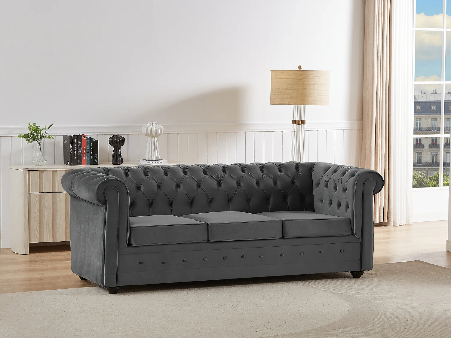 Canapé 3 places convertible en velours gris anthracite CHESTERFIELD