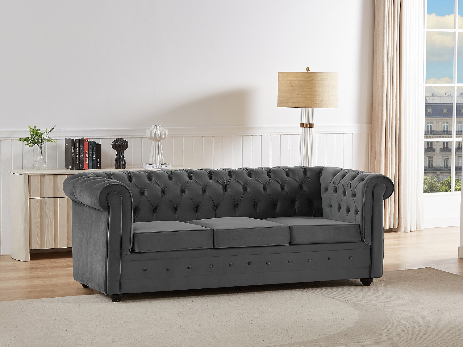 Sofa mit Schlaffunktion 3-Sitzer - Samt -  Anthrazitgrau - CHESTERFIELD günstig online kaufen