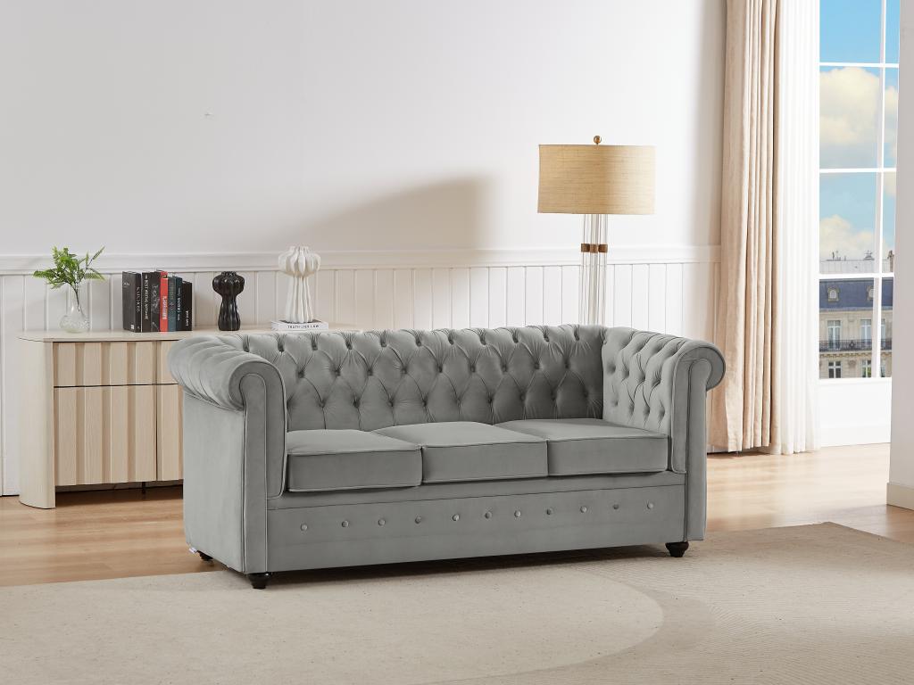 Sofa mit Schlaffunktion 3-Sitzer - Samt - Hellgrau - CHESTERFIELD günstig online kaufen