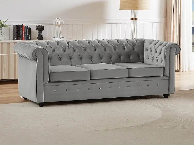 Canapé 3 places convertible en velours gris clair  CHESTERFIELD