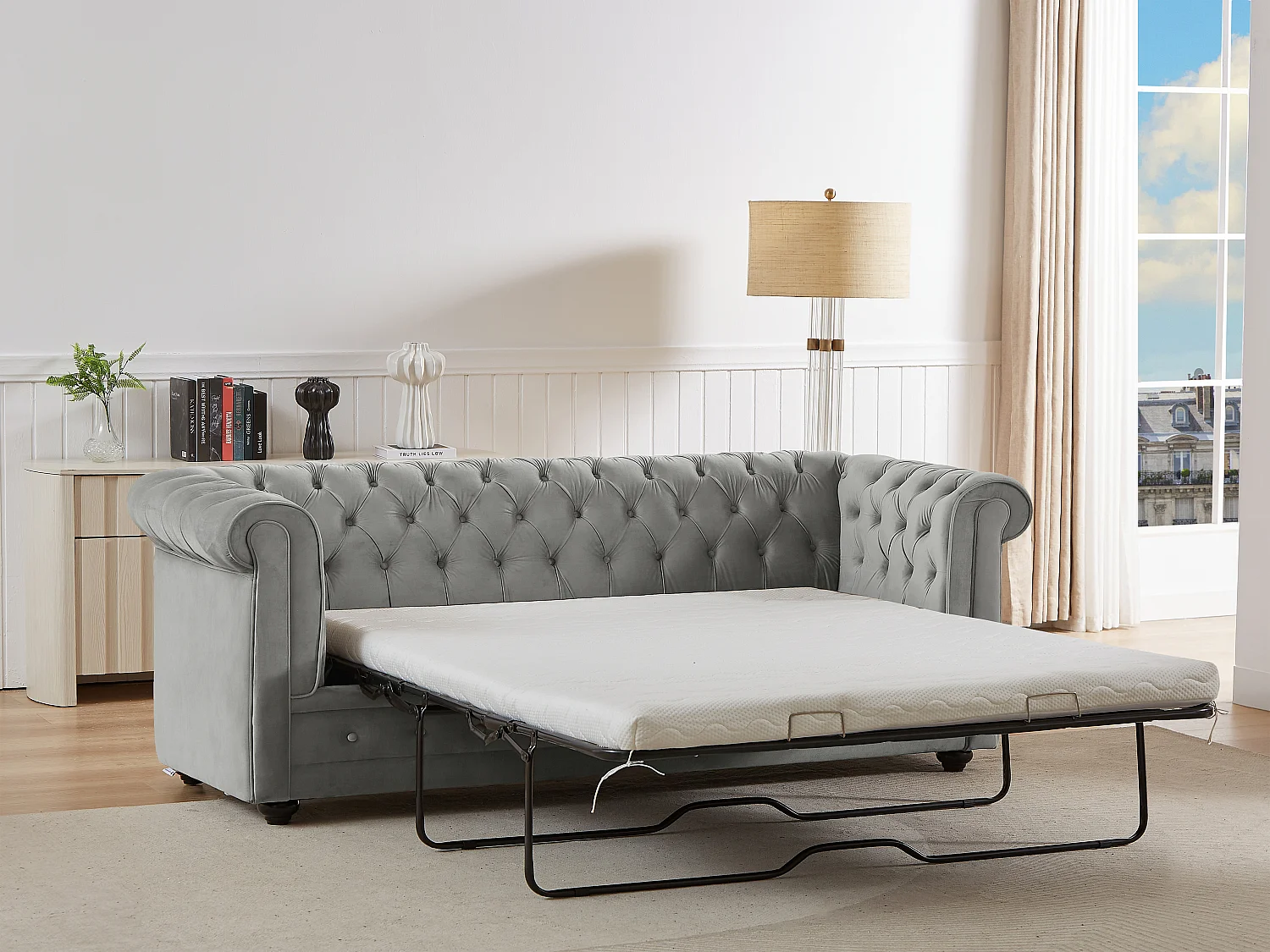 Canapé 3 places convertible en velours gris clair  CHESTERFIELD
