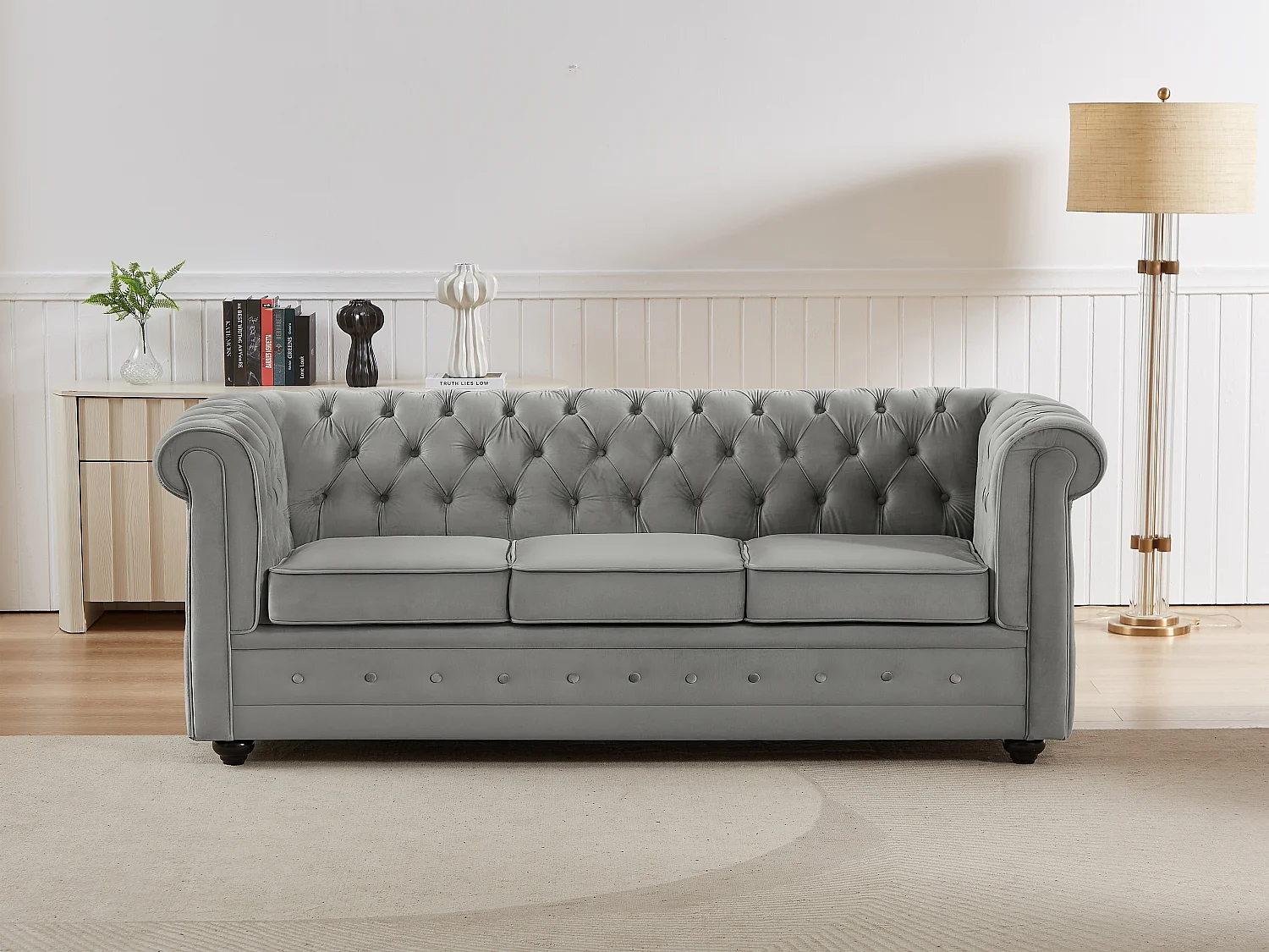 Canapé 3 places convertible en velours gris clair  CHESTERFIELD