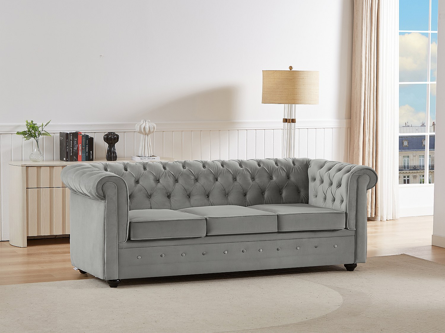 Sofa mit Schlaffunktion 3-Sitzer - Samt - Hellgrau - CHESTERFIELD günstig online kaufen