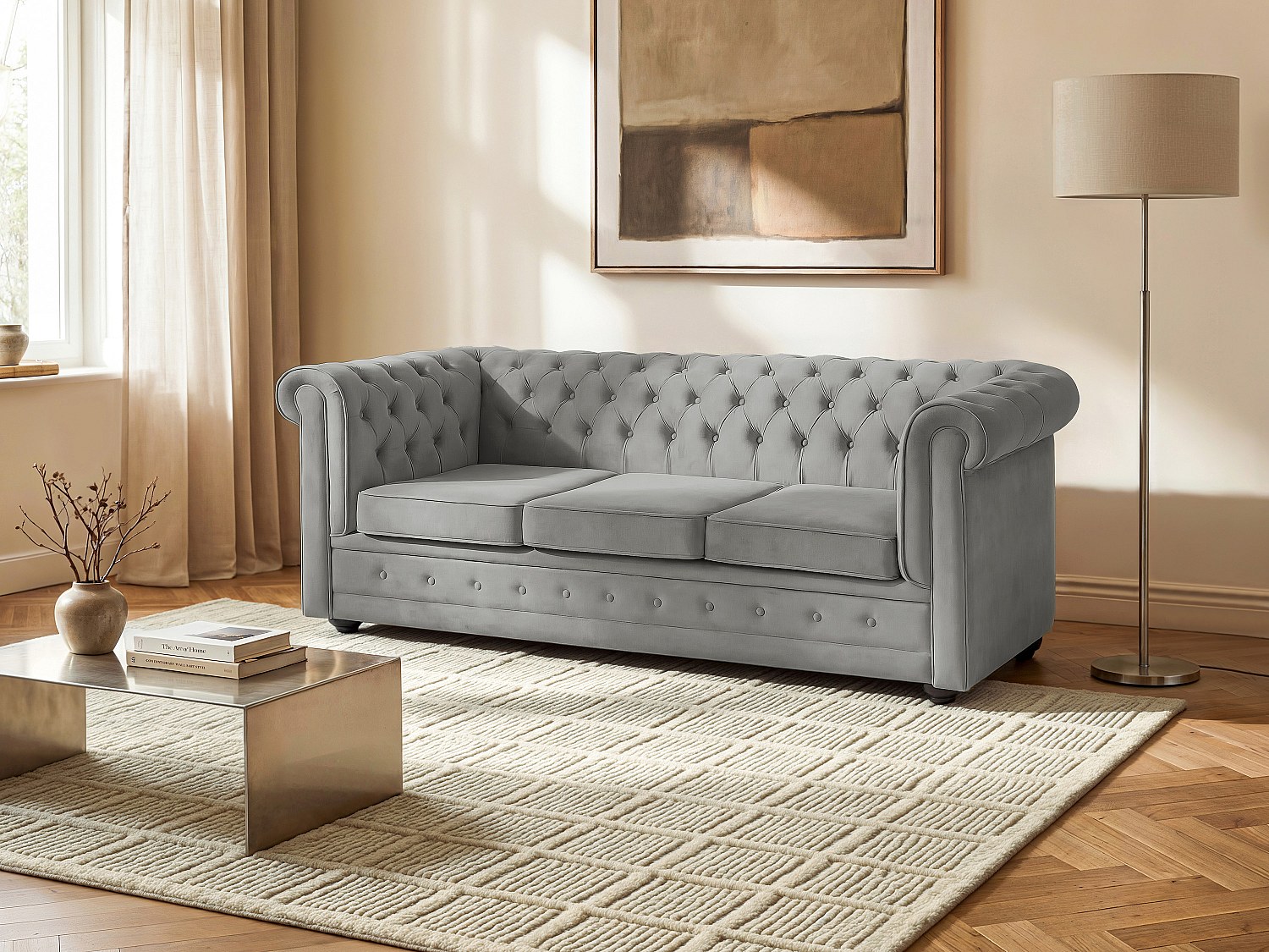 Sofa mit Schlaffunktion 3-Sitzer - Samt - Hellgrau - CHESTERFIELD günstig online kaufen