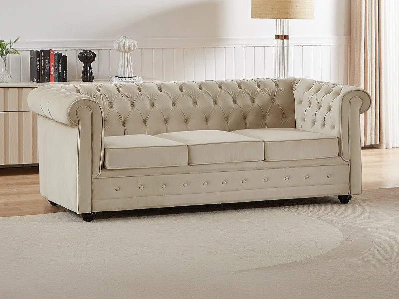 Canapé 3 places convertible en velours beige CHESTERFIELD