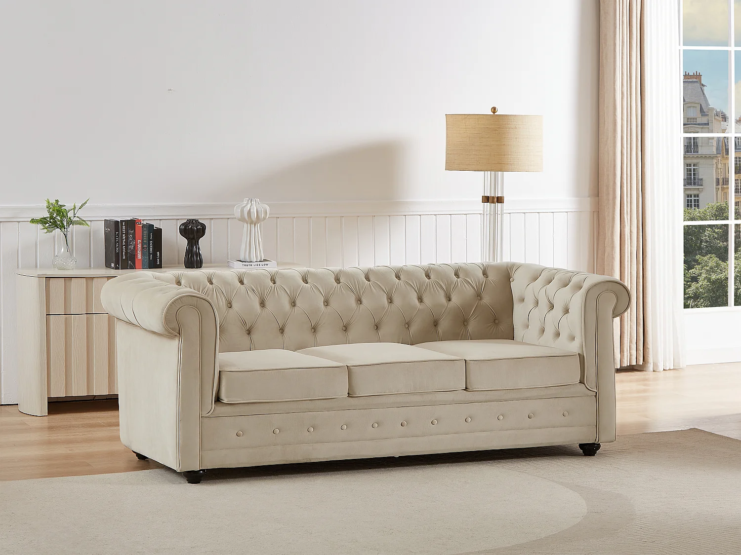 Canapé 3 places convertible en velours beige CHESTERFIELD