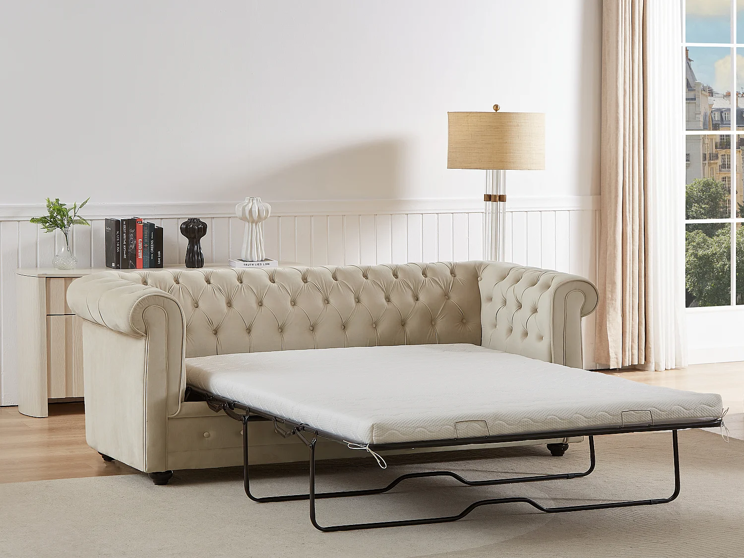 Canapé 3 places convertible en velours beige CHESTERFIELD