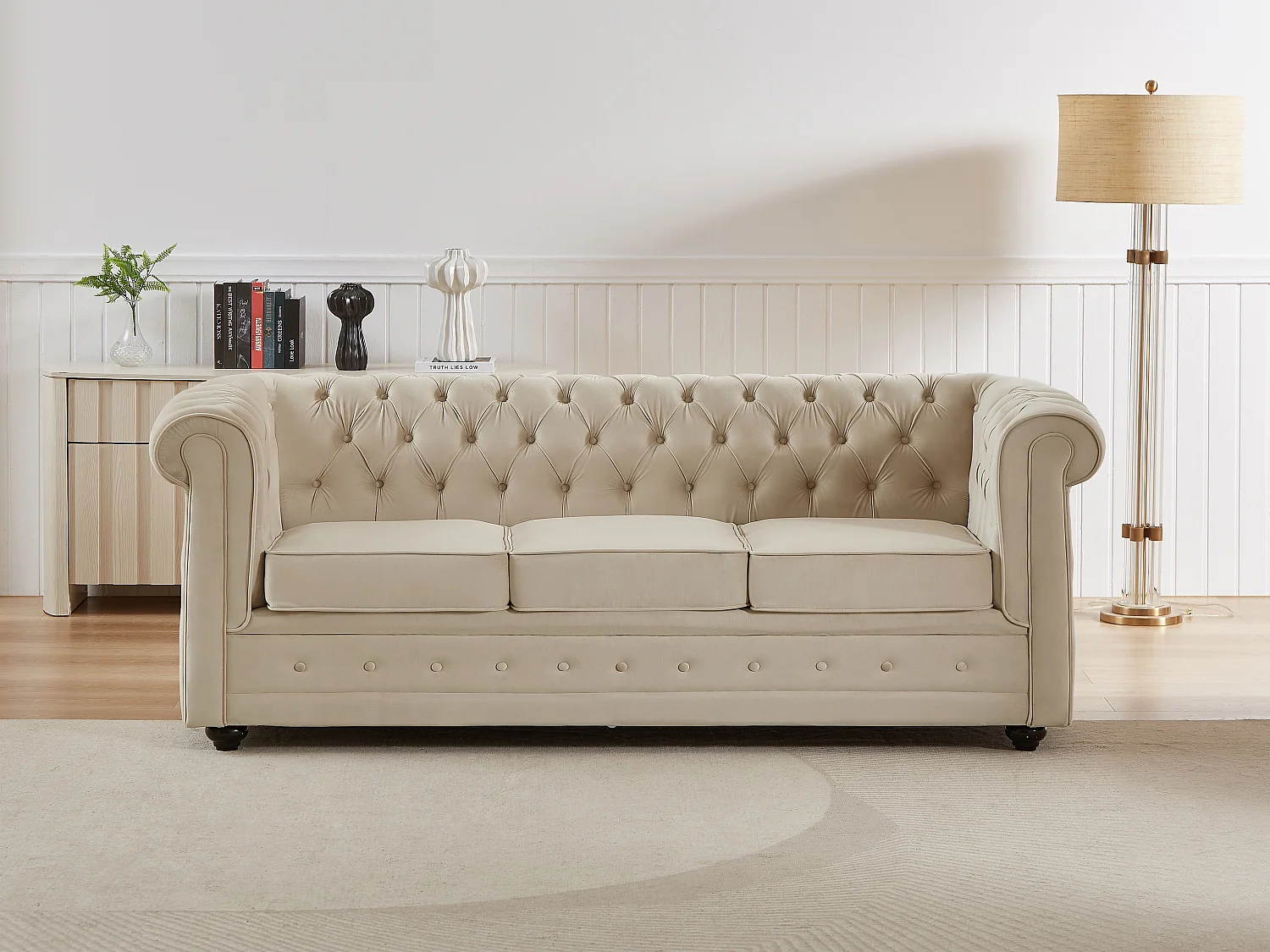 Canapé 3 places convertible en velours beige CHESTERFIELD
