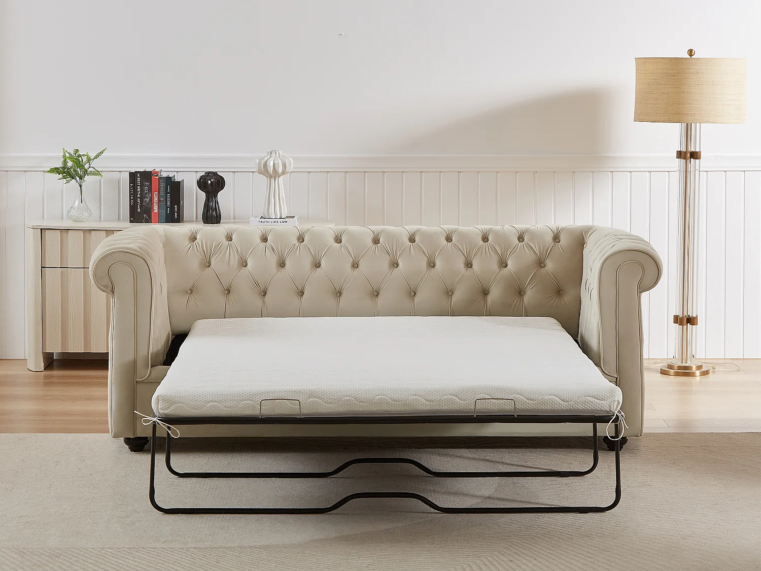 Canapé 3 places convertible en velours beige CHESTERFIELD