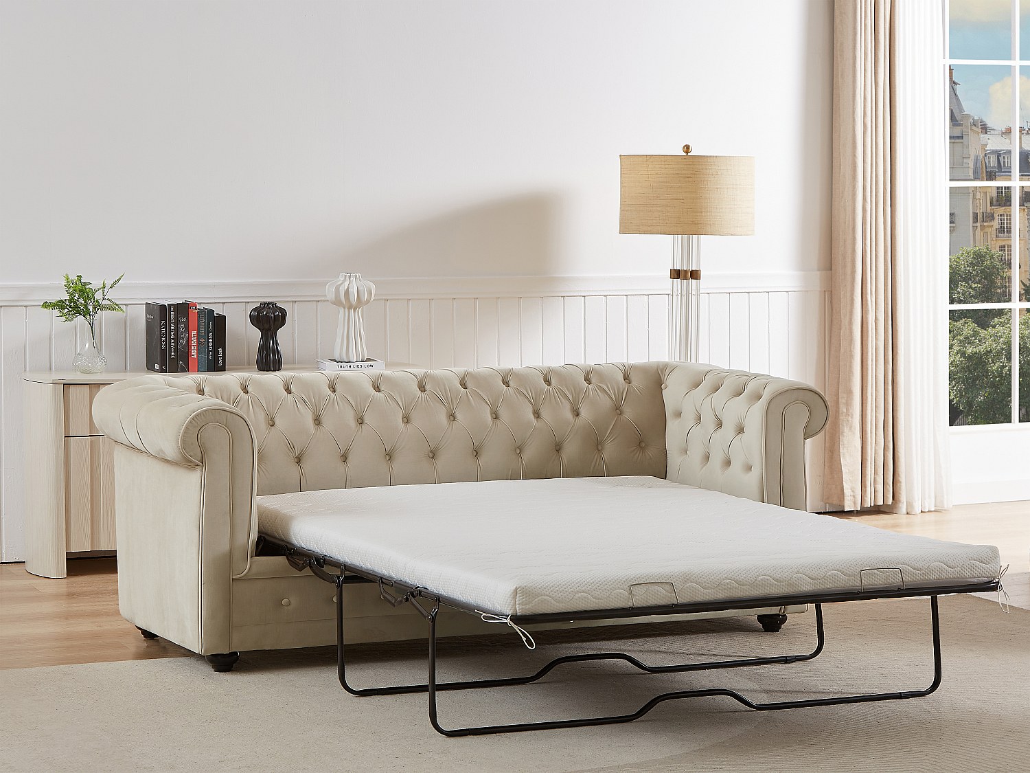 3-seters konvertibel sofasofa i beige fløyel CHESTERFIELD