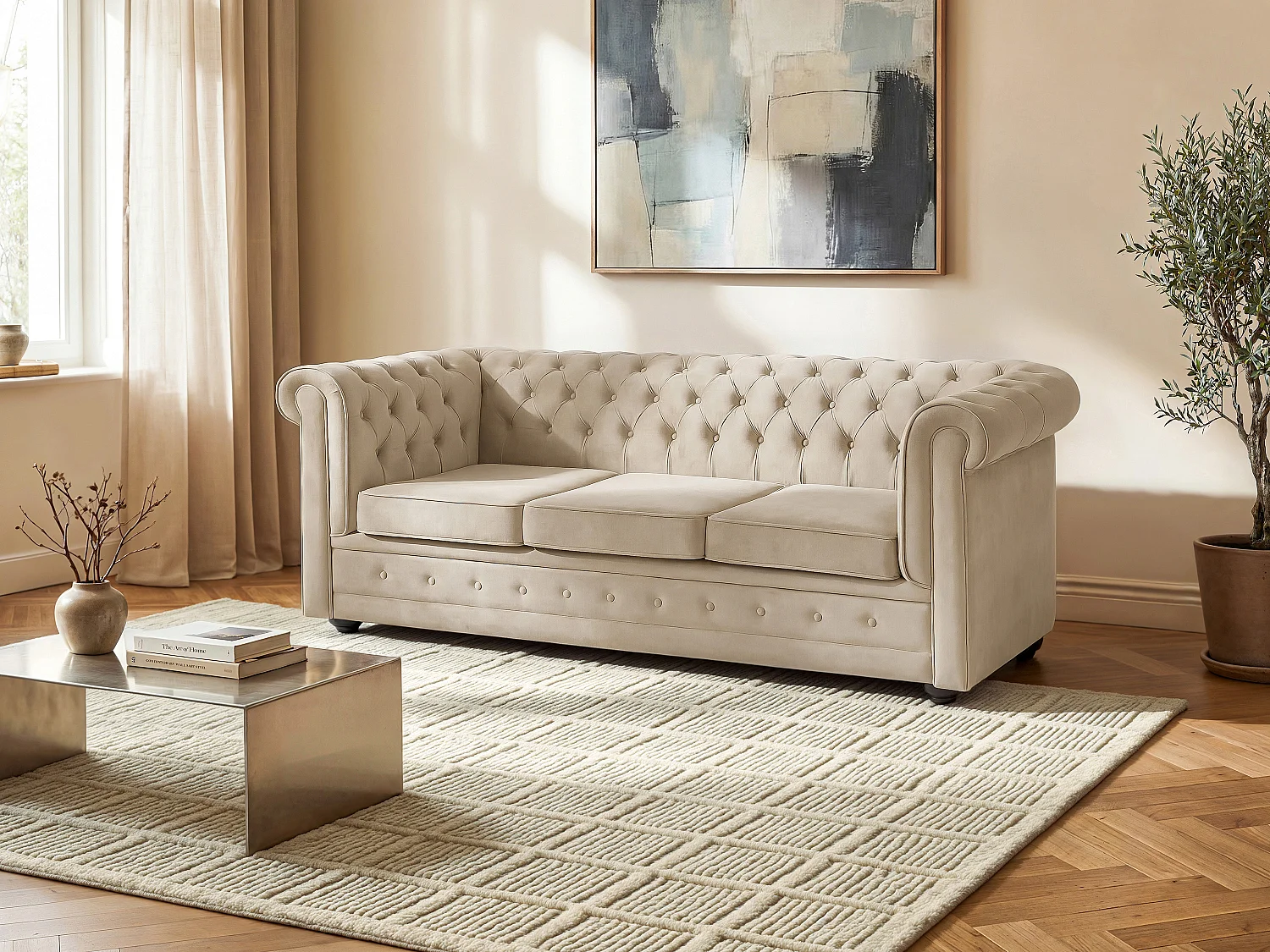 Divano 3 posti convertibile in velluto beige CHESTERFIELD