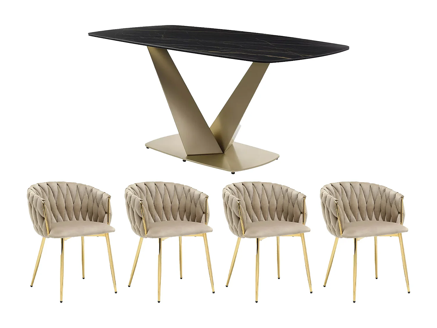 Ensemble table PORELIMA + 4 chaises ELEGANO - Effet marbre noir et beige