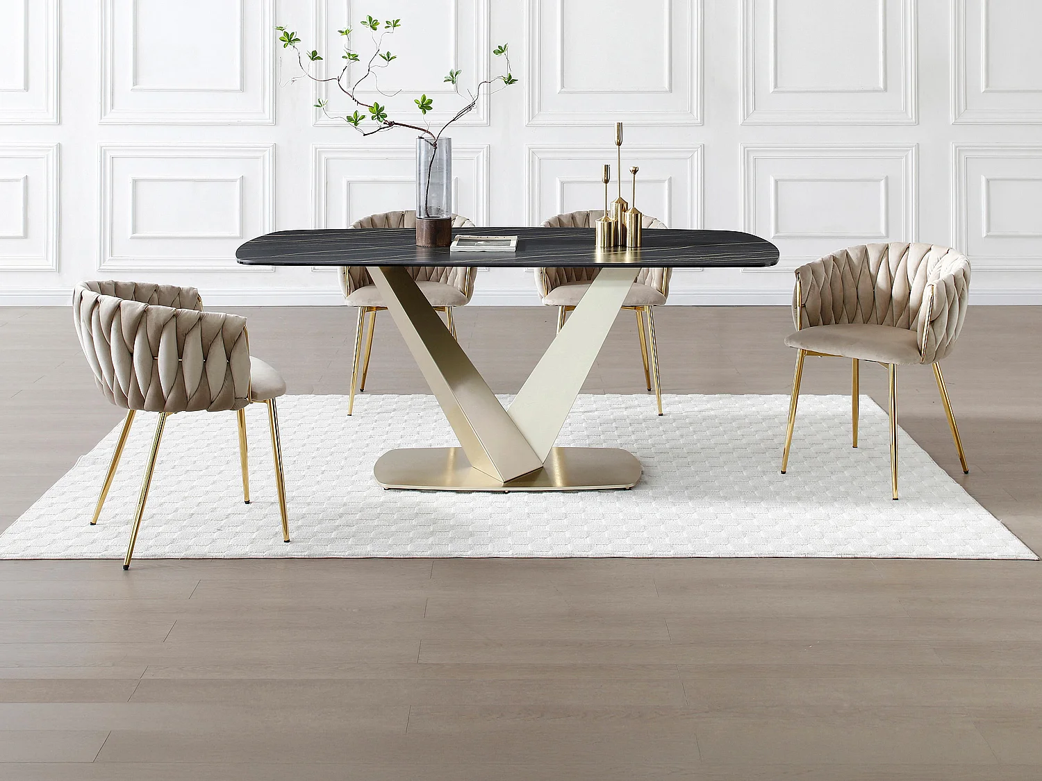 Ensemble table PORELIMA + 4 chaises ELEGANO - Effet marbre noir et beige