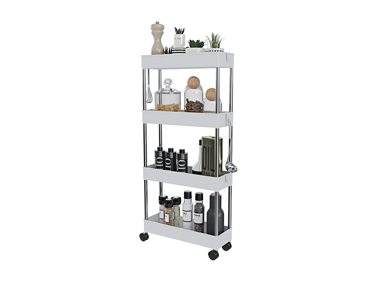 Carrello Portaoggetti 4 Ripiani Mobile Salvaspazio In Plastica Con Ruote Struttura In Acciaio Per Spazi Ridotti Cucina Bagno Salotto Studio 40 x 13 x 85 Cm (Bianco)