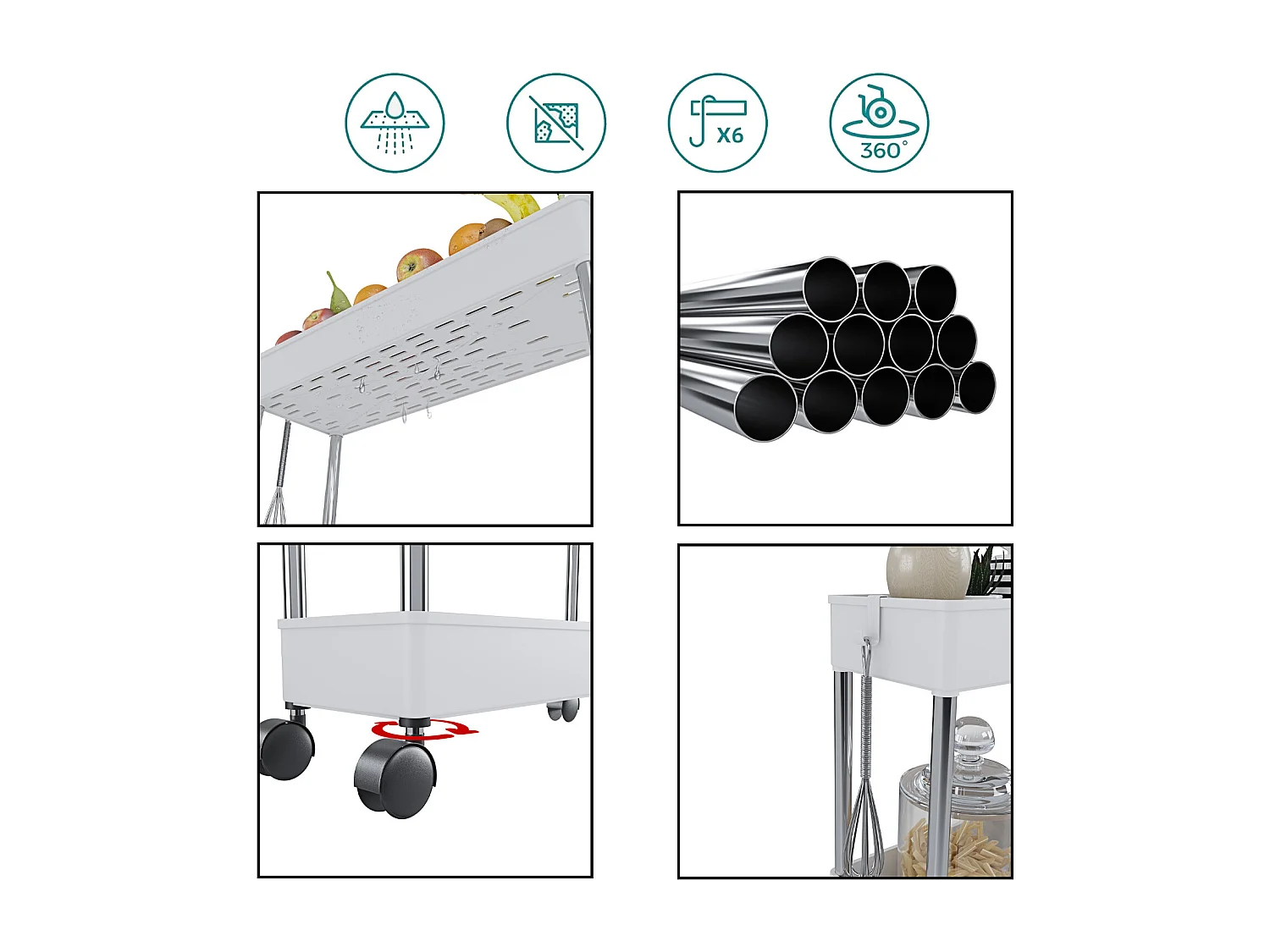 Carrello Portaoggetti 4 Ripiani Mobile Salvaspazio In Plastica Con Ruote Struttura In Acciaio Per Spazi Ridotti Cucina Bagno Salotto Studio 40 x 13 x 85 Cm (Bianco)