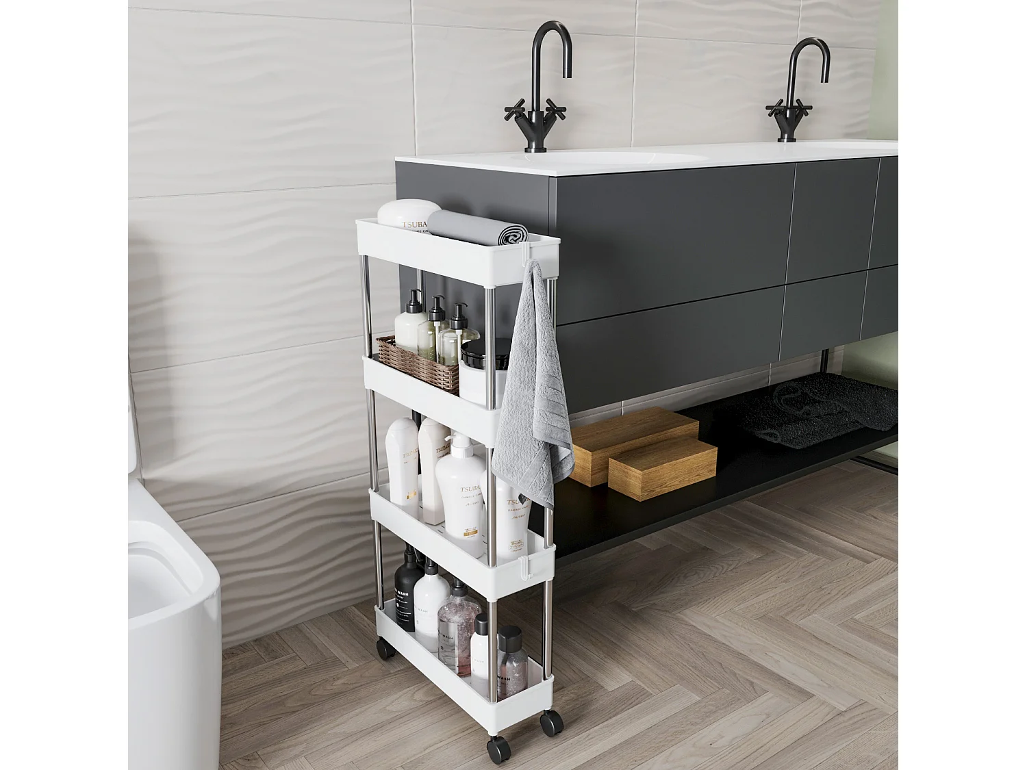 Carrello Portaoggetti 4 Ripiani Mobile Salvaspazio In Plastica Con Ruote Struttura In Acciaio Per Spazi Ridotti Cucina Bagno Salotto Studio 40 x 13 x 85 Cm (Bianco)