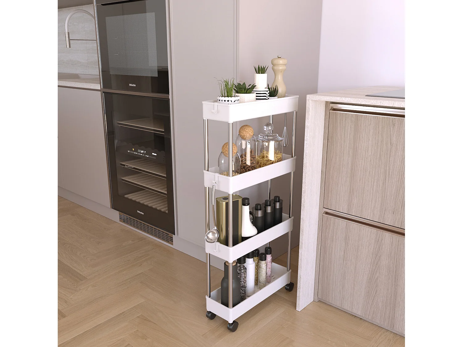 Carrello Portaoggetti 4 Ripiani Mobile Salvaspazio In Plastica Con Ruote Struttura In Acciaio Per Spazi Ridotti Cucina Bagno Salotto Studio 40 x 13 x 85 Cm (Bianco)