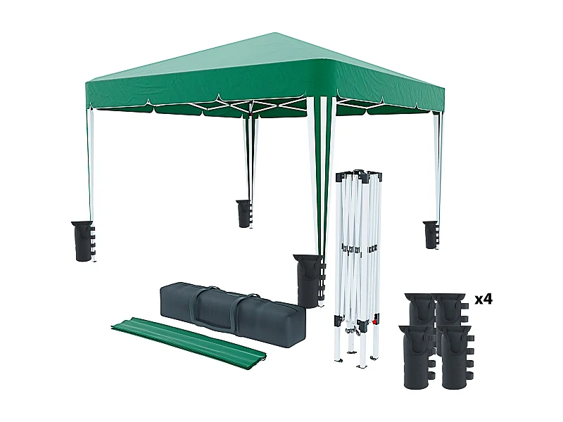 Gazebo Pieghevole Idrorepellente 3 x 3 M Da Giardino Con 4 Sacche Per Pesi Sacca Trasporto Chiusura Fisarmonica Esterno Struttura Acciaio Copertura 160 gr/m² Verde