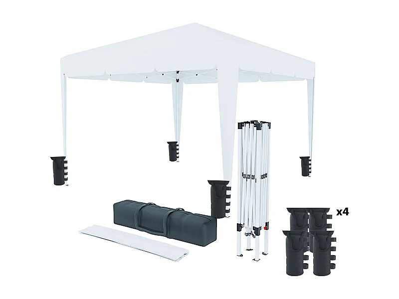 Gazebo Pieghevole Idrorepellente 3 x 3 M Da Giardino Con 4 Sacche Per Pesi Sacca Di Trasporto Chiusura Fisarmonica Esterno Struttura Acciaio 160 gr/m² Bianco