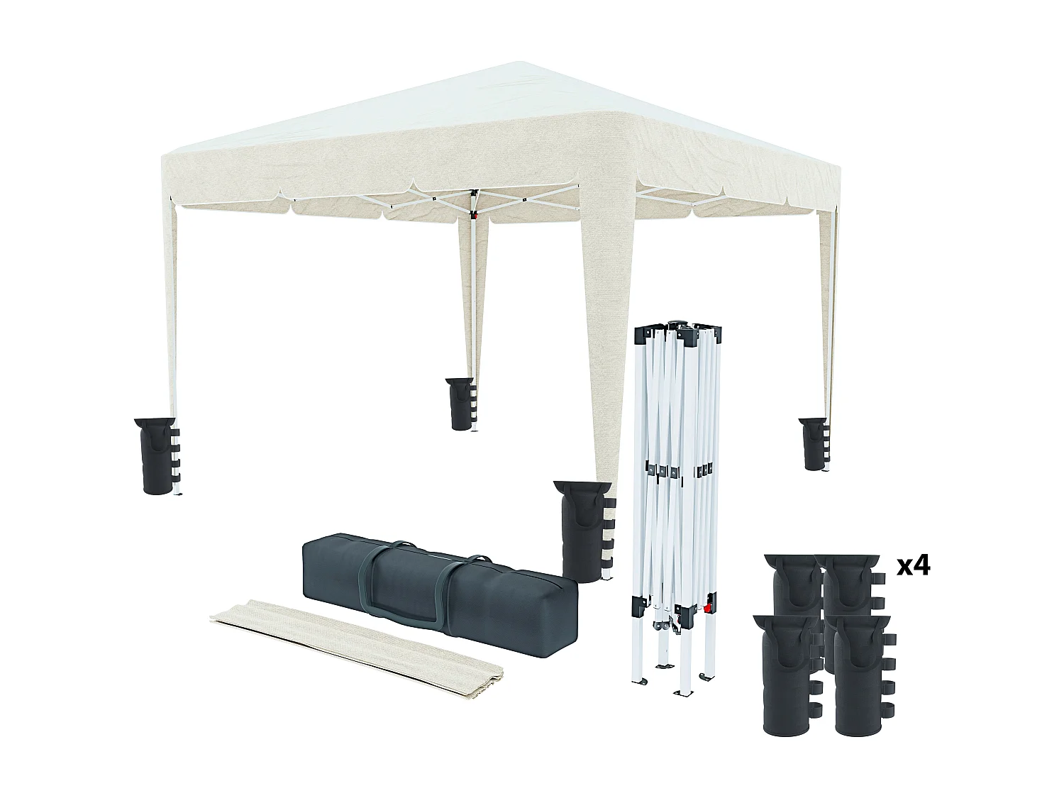 Gazebo Pieghevole Idrorepellente 3 x 3 M Da Giardino Con 4 Sacche Per Pesi Sacca Trasporto Chiusura Fisarmonica Esterno Struttura Acciaio Copertura 160 gr/m² Beige