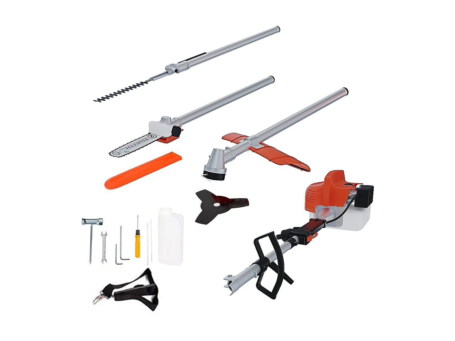 Decespugliatore A Scoppio Benzina 52 cc 4 in 1 Multifunzione Tagliasiepi Troncarami Motosega Tagliabordi Uso Domestico Professionale Potatura Abbattimento Arancione