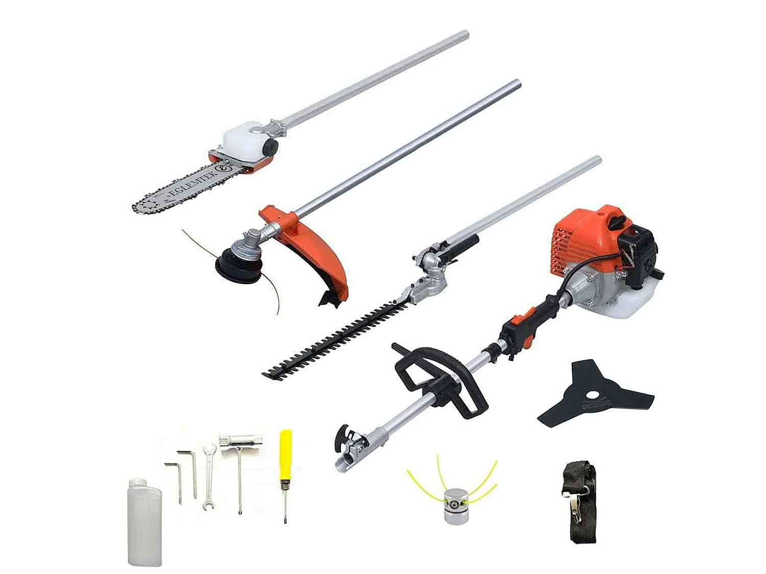 Decespugliatore A Scoppio Benzina 52 cc 4 in 1 Multifunzione Tagliasiepi Troncarami Motosega Tagliabordi Uso Domestico Professionale Potatura Abbattimento Arancione
