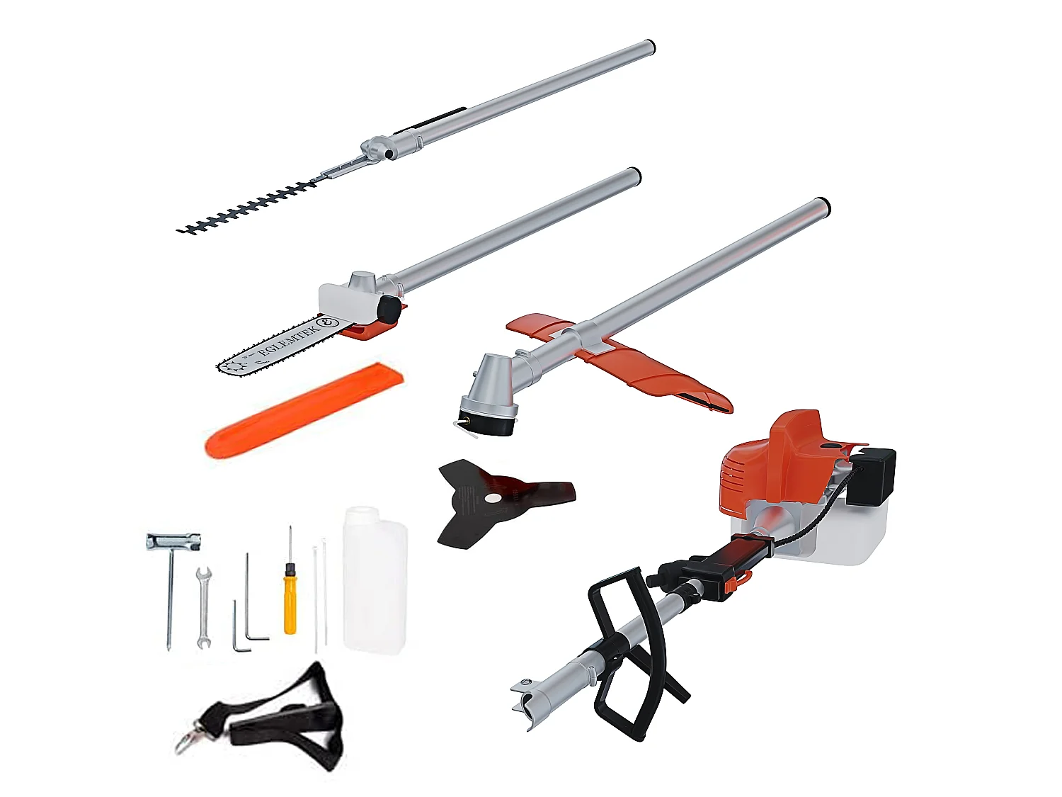 Decespugliatore A Scoppio Benzina 52 cc 4 in 1 Multifunzione Tagliasiepi Troncarami Motosega Tagliabordi Uso Domestico Professionale Potatura Abbattimento Arancione